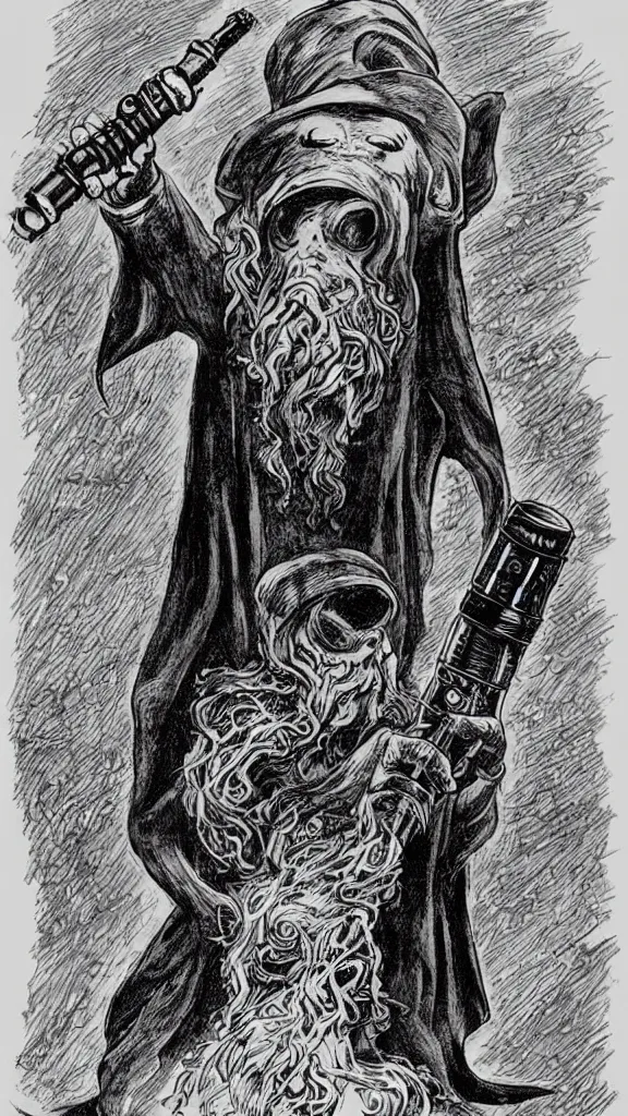 Image similar to Cthulhu wearing a Sherlock Holmes's hat and holding a lightsaber