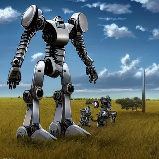 Prompt: A giant stainless steel mech robot in a field, beautiful, cool dynamic lighting, atmospheric, cinematic, highly detailed digital art, painted by Scott Musgrove