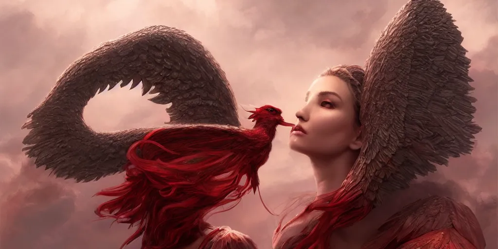 Image similar to ultra realistic, beautiful winged angel kissing gorgeous red devil, sci-fi, fantasy, mythical, intricate, elegant, highly detailed, digital painting, octane render, substance painter, zbrush, artstation, concept art, smooth, sharp focus, eerie, illustration, 8k, HD, art by artgerm and greg rutkowski and raphael