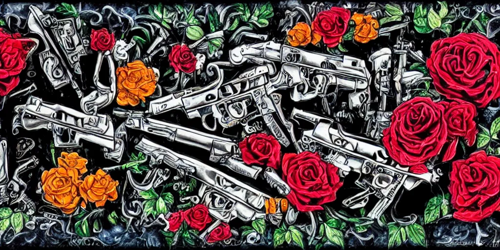 Prompt: guns and roses artwork