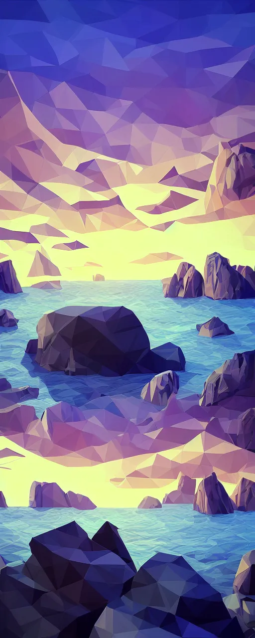 Prompt: super detailed color lowpoly art, northern sunset with rocks on front, monochrome photorealistic bay in the middle of perspective and mountains at background, big graphic ship in the middle of composition, unreal engine, high contrast color palette, 3 d render, lowpoly, colorful, digital art, perspective, robb cobb, robert mccall, syd mead