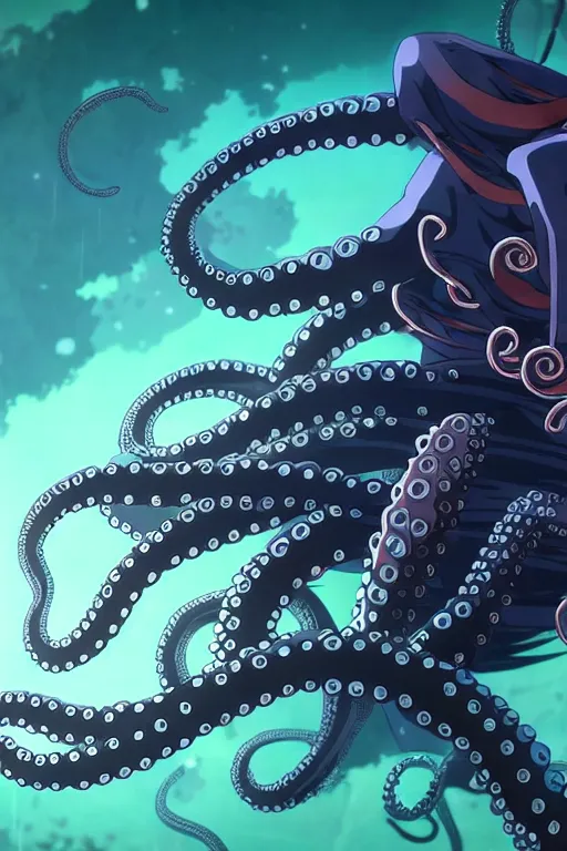 Image similar to key anime visuals of [ an octopus ninja, fighting with a katana ]. highly detailed, intricate, directed by makoto shinkai, anime manga style, trending on art station.