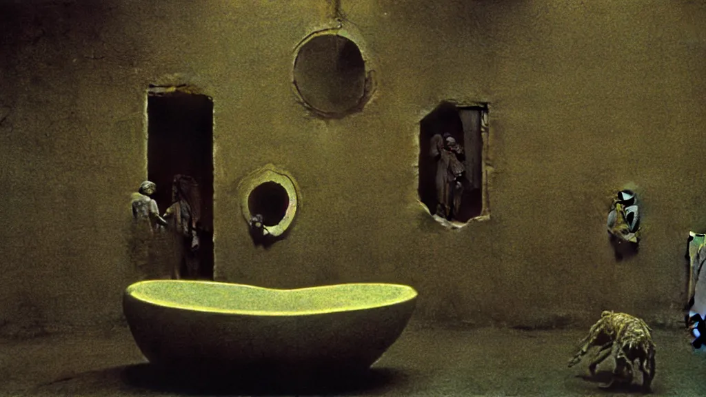 Image similar to the creature in the sink, they taunt look at me, film still from the movie directed by wes anderson and david cronenberg with art direction by salvador dali and zdzisław beksinski, wide lens