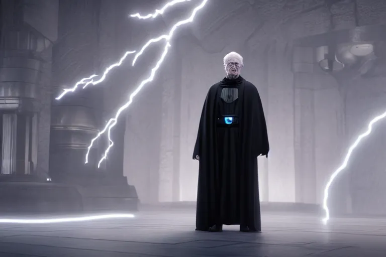 Image similar to a cinematic still of (Ian McDiarmid!!!) as palpatine, wearing sith hood, Ian McDiarmid, ((octane render, nvidia raytracing demo)), ((((lightning)))), masterpiece