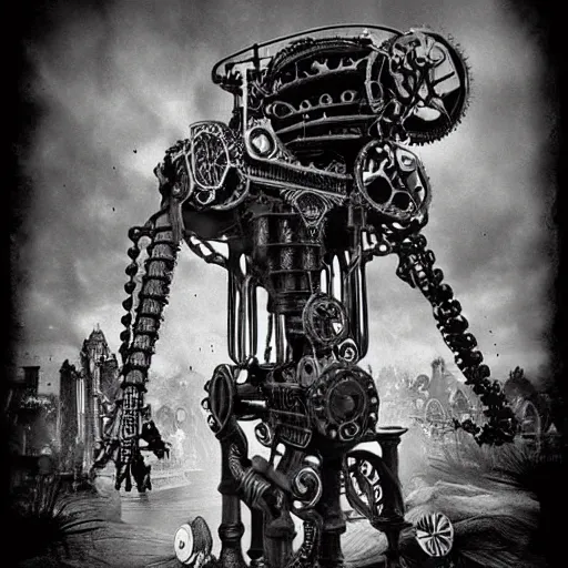 Prompt: a nightmare machine, steampunk, black and white