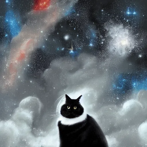 Image similar to a painting of a black and white cat in a cosmic scenic environment by steve argyle, hyperdetailed, beautiful, stars, planets, nebula, trending on artstation