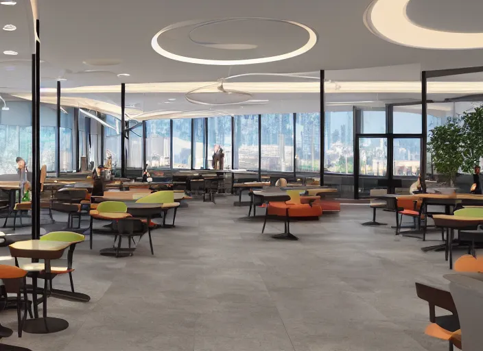 Image similar to mcdonalds headquarters interior designed by gensler, fosters, photorealistic octane render 8 k, 2 8 mm
