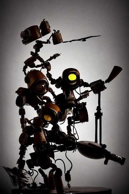 Prompt: a beautiful cinematic photo shot of a couple of threea toys figurines by ashley wood, world war one robot squids playing drums and electric guitar, black background, concert light, dark mood