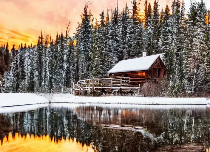 Image similar to a cabin in a forest by a lake with a snowy sunset, realistic, canon camera