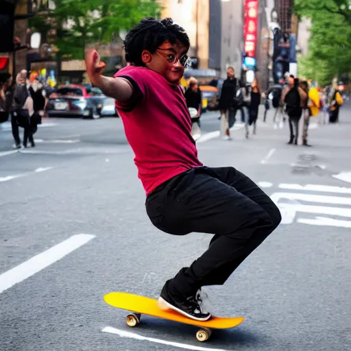 Image similar to high quality photo of a black harry potter on a skateboard in new york city