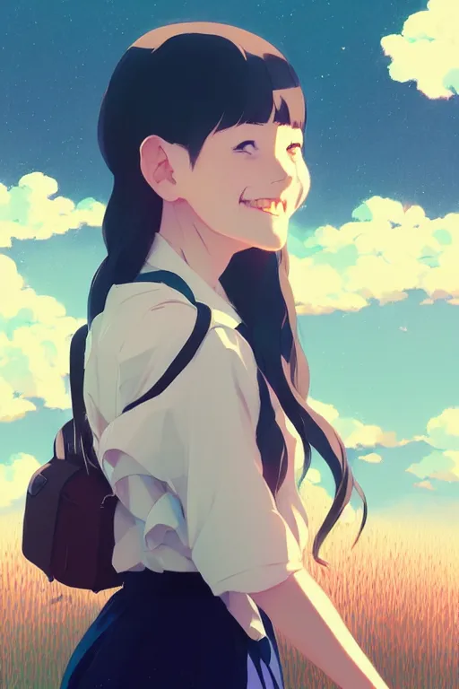 Image similar to portrait of a smiling girl by ilya kuvshinov, cloudy sky background lush landscape ln illustration concept art anime key visual trending pixiv by victo ngai fanbox by greg rutkowski makoto shinkai takashi takeuchi studio ghibli