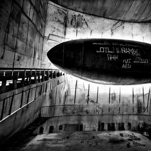 Image similar to a brutalism dark photo of an airship full of graffiti