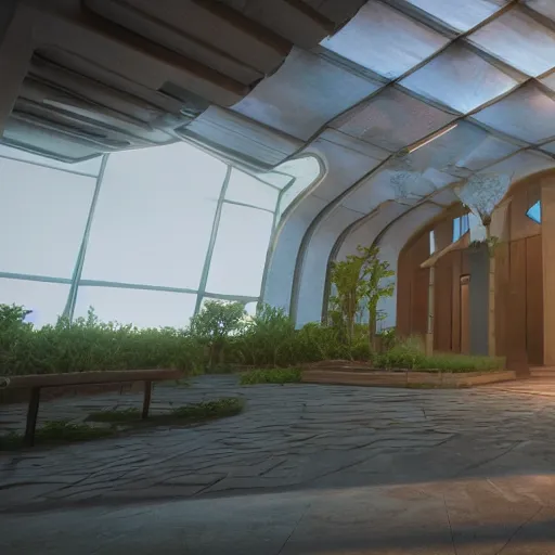 Image similar to solarpunk chapel from the outside, beautiful lighting, photorealistic, detailed, unreal engine 5