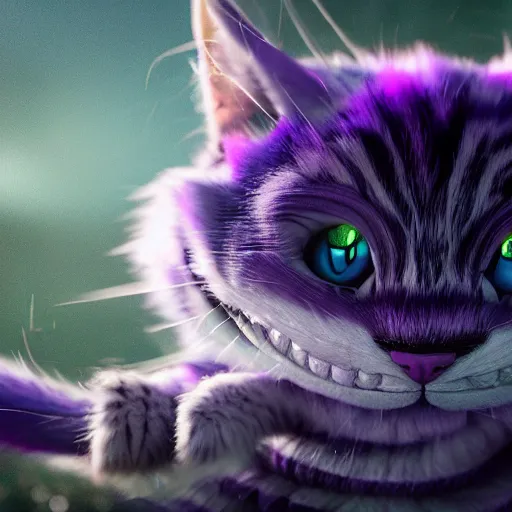 Image similar to full body pose, hyperrealistic photograph of the cheshire cat as a kitten, dim volumetric lighting, 8 k, octane beautifully detailed render, extremely hyper detailed, intricate, epic composition, cinematic lighting, masterpiece, trending on artstation, very very detailed, stunning, hdr, smooth, sharp focus, high resolution, award, winning photo, dslr, 5 0 mm