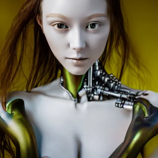 Prompt: beautiful Fine art photography of a solarpunk part robot part sensual human girl with real human face and torso, white background, highly detailed, medium shot, photorealism, sunset lighting 8k