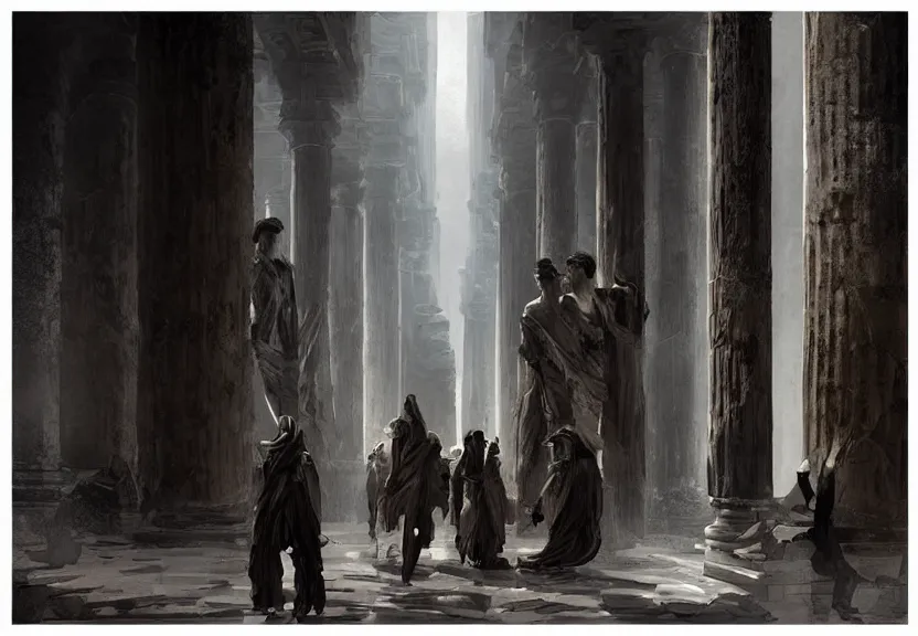 Image similar to painting of the dark figures of four people in an ancient greece scenery, high contrast, concept art, town, temple, pillars, dramatic lighting, digital art, 8 k, extremely detailed, drawn by ruan jia