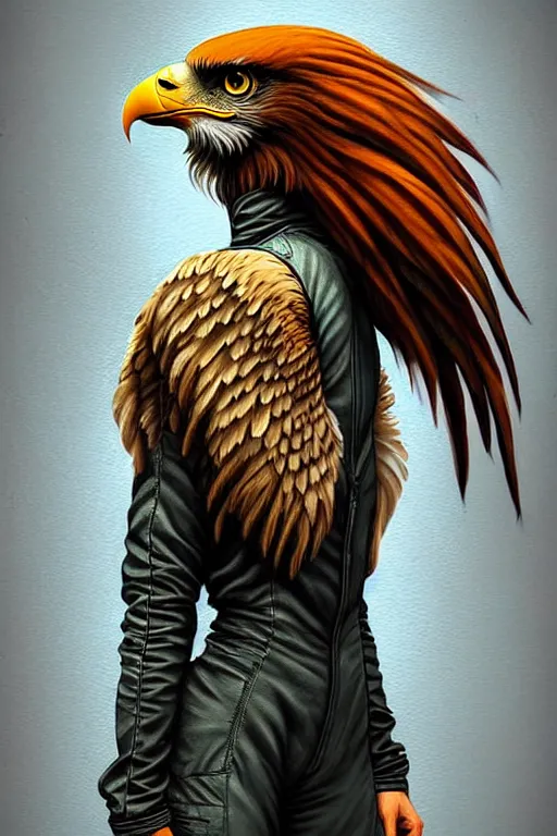 Prompt: epic professional digital art of female human - eagle hybrid animal wearing air force jumpsuit, humanoid feathered head, eagle beak, painting, by artgerm, todd mcfarlane, leesha hannigan, artstation, cgsociety, wlop, epic, much wow, much detail, gorgeous, detailed, cinematic, masterpiece