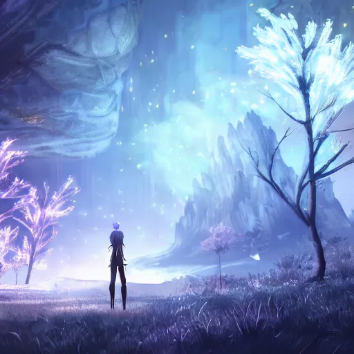 Image similar to scenery artwork, scene luminous, bioluminescent acrylic and cold nier automata pixiv scenery artwork : nature dream wire vegetation magic density infinite, macro seminal dream points of icy, frozen vaporwave shards tempted to turn into a dream scenery, high quality topical render, nier automata, concept art