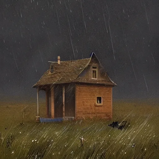 Prompt: A field full of crows with a small wooden house, thousands of crows, stormy weather, dark sky, art by greg rutkowski, trending on artstation.