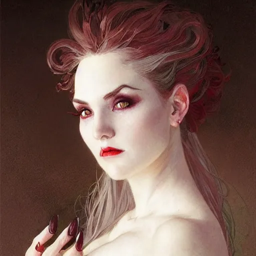 Prompt: portrait of a menacing beautiful vampire, by Stanley Artgerm Lau , greg rutkowski, thomas kindkade, alphonse mucha, loish, norman rockwell, J. C. Leyendecker. blinding white hair, pale skin, sinister complexion, beautiful detailed eyes, rose. D&D, fantasy. Trending on artstation rule of thirds extremely detailed illustration hd 4k