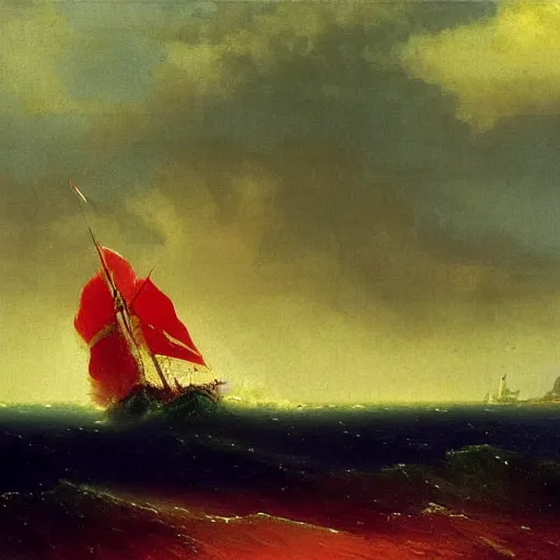 Image similar to red clouds and green ocean with sailboat painting by ivan aivazovsky