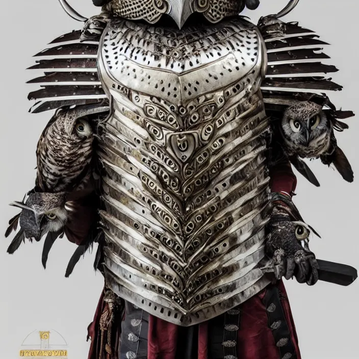 Image similar to photograph of a warrior with meal ornate owl armour. Extremely detailed. 8k