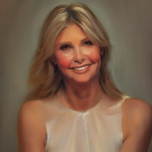 Image similar to closeup portrait of olivia newton john at age 3 0 years, evening, highly detailed and realistic oil painting, vladimir volegov, artstation