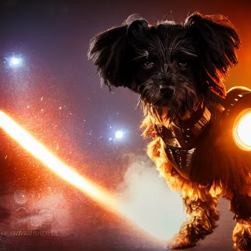 Prompt: photograph of a futuristic robotic black coton de tulear or havanese black dog, wearing power armour, explosion in the background, cinematic
