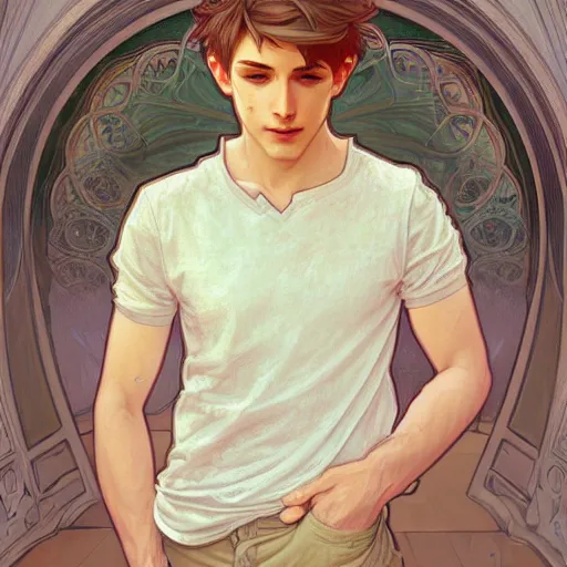 Image similar to young man with short, ash blond greyish hair, light brown eyes, casual clothes, relaxing, happy, path traced, highly detailed, high quality, digital painting, by alphonse mucha, sylvain sarrailh, beautiful details