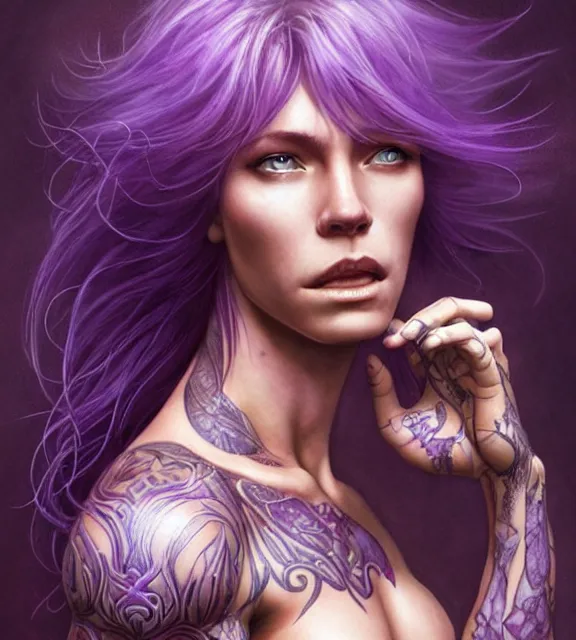 Prompt: muscular female singer, perfect face, intricate tattoos, purple flowing hair, abs, cinematic, blush, stunning, athletic, moist, strong, agile, highly detailed, hard focus, sensual lighting, art by jessica rossier and brian froud