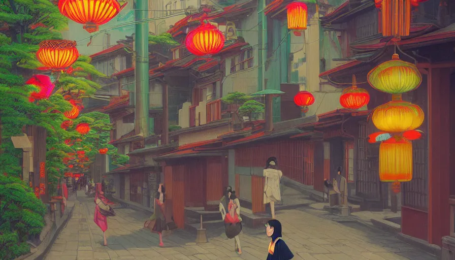 Prompt: a vibrant dream of nostalgic psychedelic hallucination of a girl walking down a street in kyoto japan, lush plants and lanterns, a woman wearing a gucci dress is exploring kyoto, high fashion, by moebius, edward hopper and james gilleard, zdzislaw beksinski, steven outram hd, 8 k, artstation