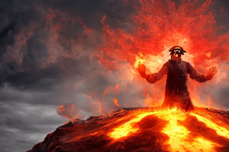 Image similar to A one armed man with an eyepatch standing atop a flaming volcano, digital art, 8k, UHD