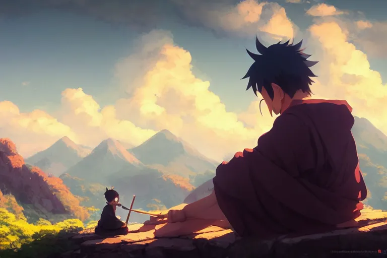 Prompt: ultra realistic, monk smoking, mountain, colors, 8 k, hd, details, fantasy, epic, ancient city, landscape illustration concept art anime key visual trending pixiv fanbox by wlop and greg rutkowski and makoto shinkai and studio ghibli and kyoto animation symmetrical facial features