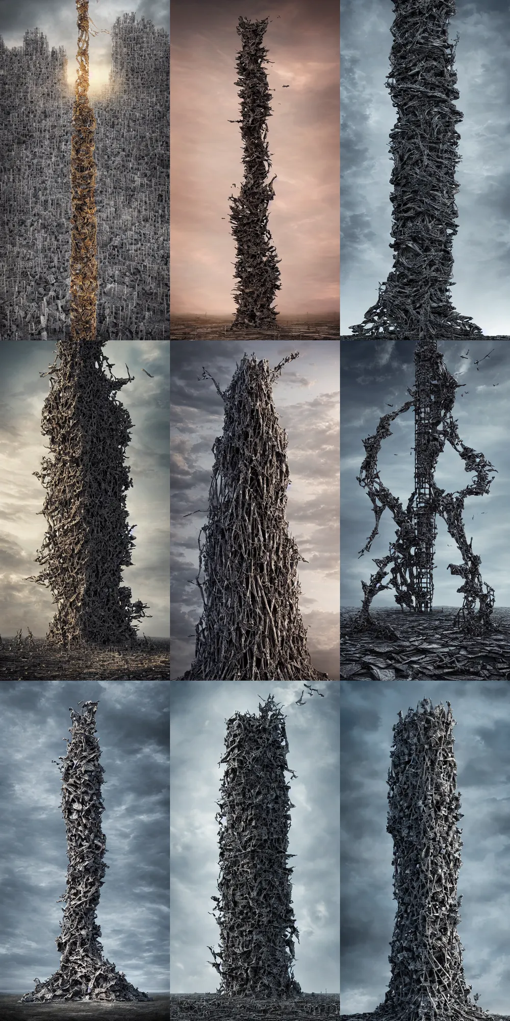 Prompt: the unending tower of charred bones, by adam martinakis, by vincent callebaut, by filip hodas, octane render, beautiful lighting