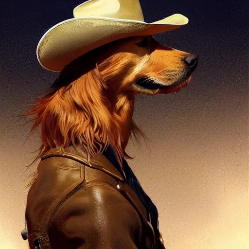 Prompt: Golden Retriever dressed as a Cowboy, highly detailed, digital painting, artstation, concept art, smooth, sharp focus, illustration, art by artgerm and greg rutkowski and alphonse mucha