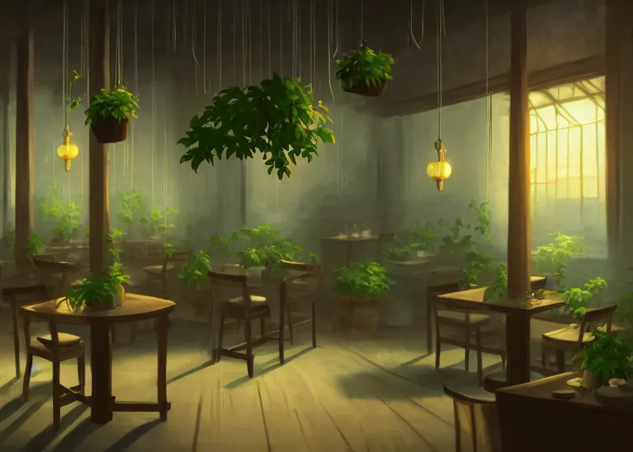 Prompt: an interior room of a dim restaurant at night with hanging plants, makoto shinkai, dusty, matte painting