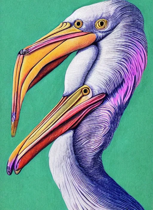 Prompt: pelican portrait, detailed vintage botanical flower feathers, vivid color pencil drawing, Ernst Haeckel