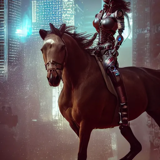 Prompt: photorealistic detailed picture, extreme, uhdr, woman, horse, ride, cyborg, sci fi, cyberpunk lighting, fine details, highly detailed, intricate, smooth sharp focus