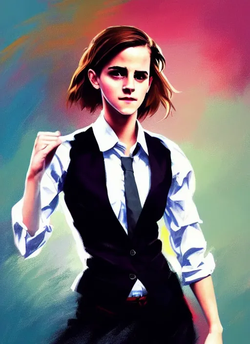 Image similar to a ultradetailed beautiful panting of emma watson wearing a stylish shirt with a tie, she has black hair, dancing, background explosion, by jesper ejsing, ilya kuvshinov, greg rutkowski on artstation