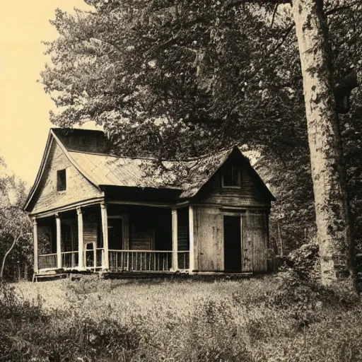 Prompt: vintage image of an old house in the woods