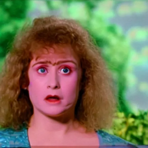 Image similar to still from 1988 live-action children's tv show about a middle-aged woman who enters an eyeball cult color
