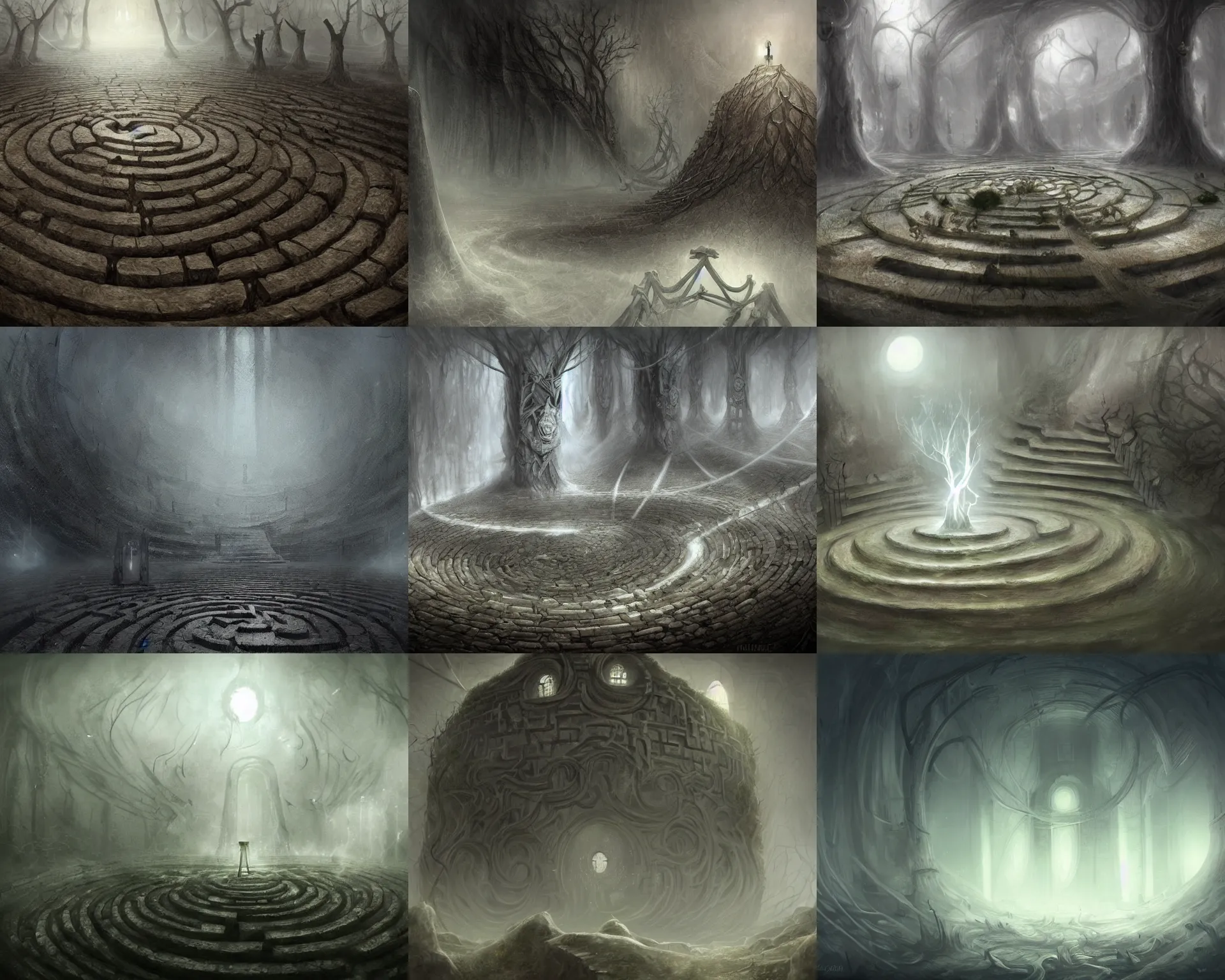 Prompt: The labyrinth's endless void of emptiness represents the perpetual cycle of death and rebirth. grim concept art by nele-diel, jordangrimmer chriscold