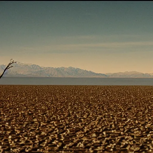 Prompt: photography salt lake flats, black trees, cinematography by roger deakins