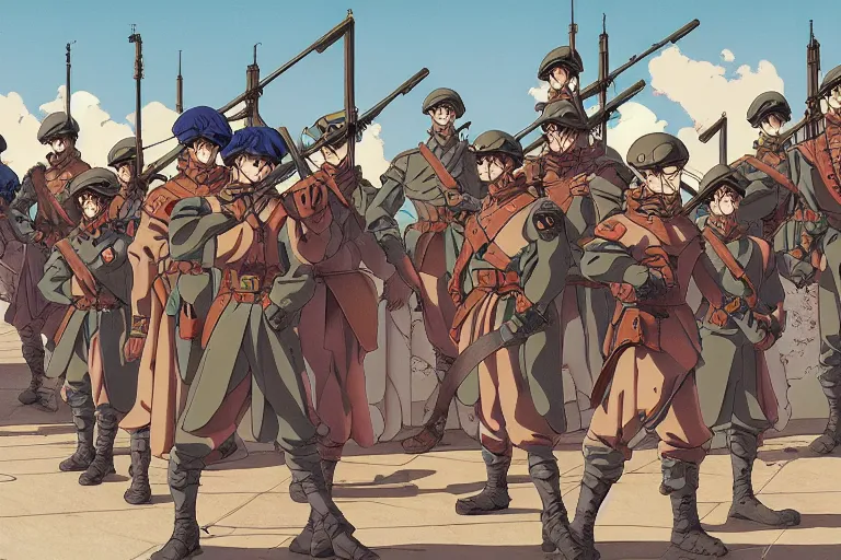 Image similar to cel shaded study of a group of soldiers in a late renaissance city, key visual with intricate linework, in the style of moebius, ayami kojima, 90's anime, retro fantasy