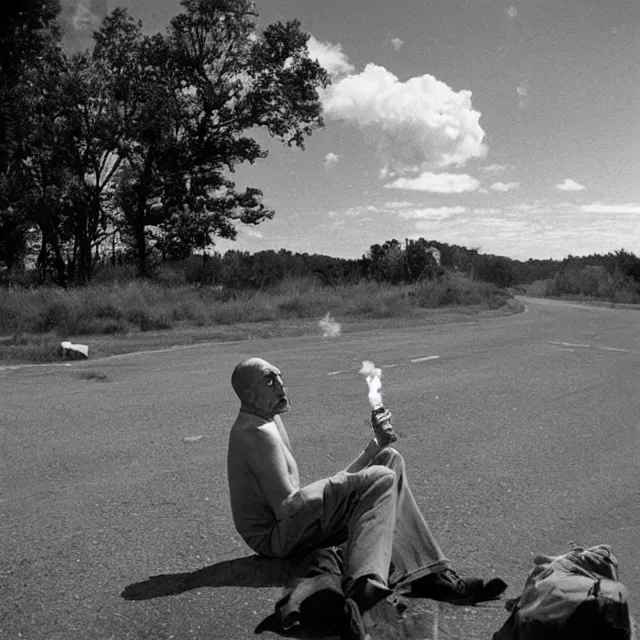 Image similar to a man resting smoking a joint at the end of the world, photo by william eggelston