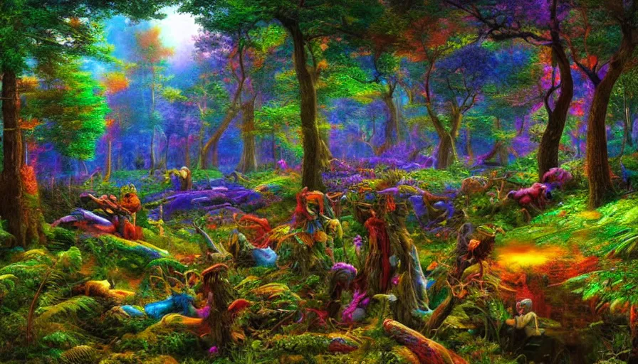 Prompt: landscape psychodelic dmt lsd forest, photorealistic, artgerm, artwork by Bierstadt, Albert