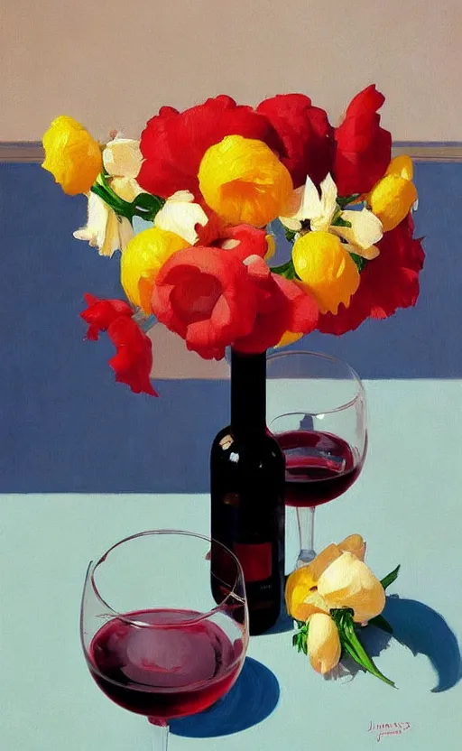 Prompt: beautiful still life featuring blooming flowers, tillamook cheese, and red wine, very coherent, painted by Edward Hopper, painted by James Gilleard, airbrush, art by JamesJean