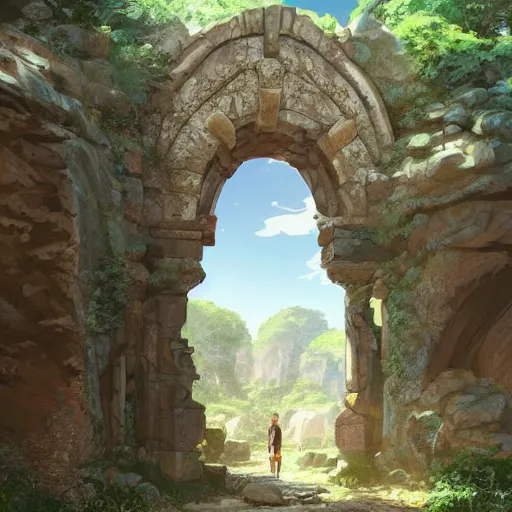 Image similar to concept art painting of an ornate ancient stone archway, in the woods, realistic, detailed, cel shaded, in the style of makoto shinkai and greg rutkowski and james gurney