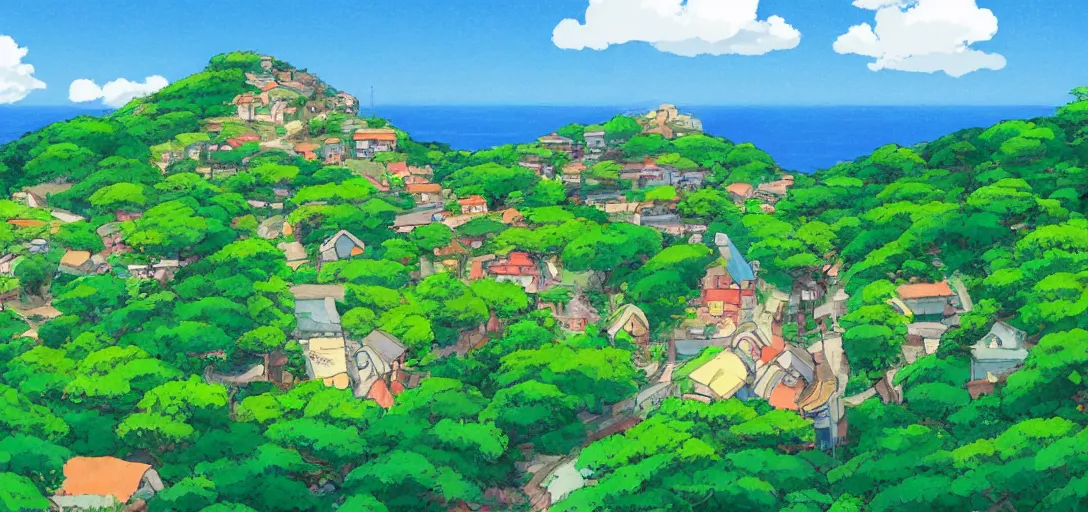 Image similar to studio ghibli style, hilly countryside and ocean