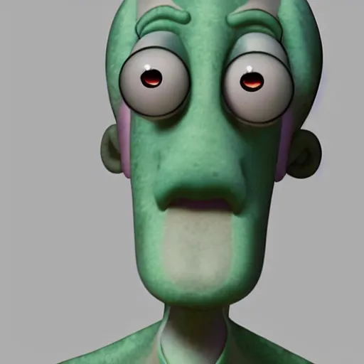 Prompt: squidward tentacles from spongebob squarepants with red realistic eyes, realistic, 8k